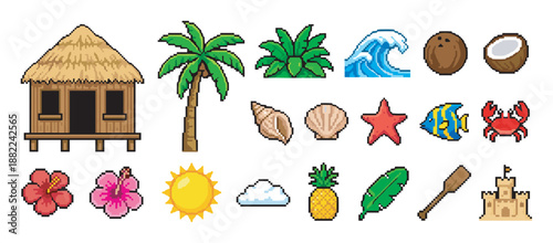 Pixel art set of summer vacation icons featuring a tropical island theme with a tiki hut, palm tree, pineapple, crab, and sandcastle in a retro 8-bit video game style