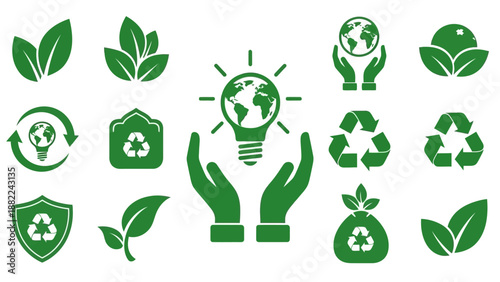 Eco friendly vector icons set recycling leaves and globe symbols design