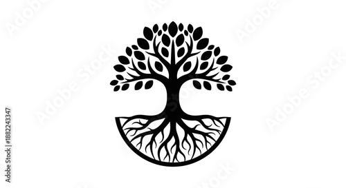 Stylized tree illustration with leaves roots and semi circle base