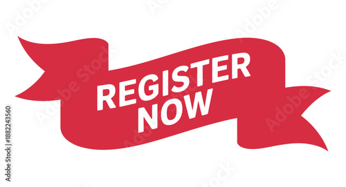 A red ribbon with the words 'REGISTER NOW' in white text on a white background