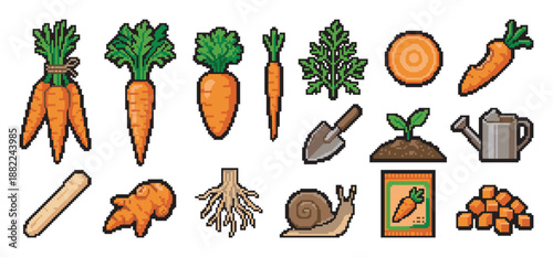 Pixel art carrot and gardening icon set featuring whole vegetables, slices, roots, leaves, a trowel, and a watering can in a classic 8-bit retro video game aesthetic