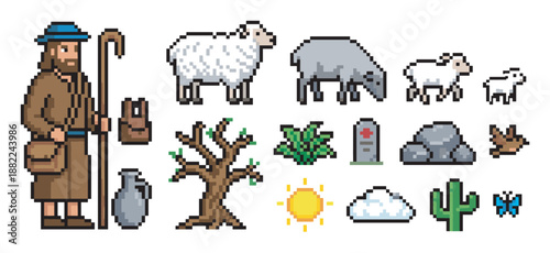 Pixel art shepherd and sheep character sprites with various nature and object assets like a tree, rock, sun, and cloud for a retro 8-bit adventure or religious game