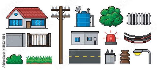 Pixel art collection of suburban objects featuring a house with a red roof, a utility pole, a street lamp, a road, a fence, and other city infrastructure icons