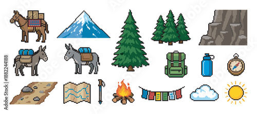 Pixel art icon set for hiking and mountain trekking featuring a pack donkey, snowy peak, backpack, campfire, map, and other adventure equipment