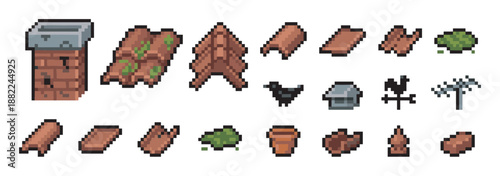 Pixel art collection of building assets for a house roof including a brick chimney, various terracotta tiles, a weather vane, and other decorative elements for game development