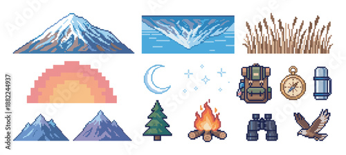 Set of pixel art icons for hiking and camping featuring a mountain, backpack, compass, and campfire in a retro 8-bit video game style for an adventure theme