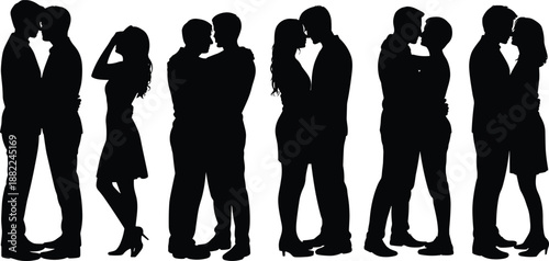 Romantic couples silhouettes in love showing affection hugging kissing and standing together as relationship symbols for modern romance illustration design