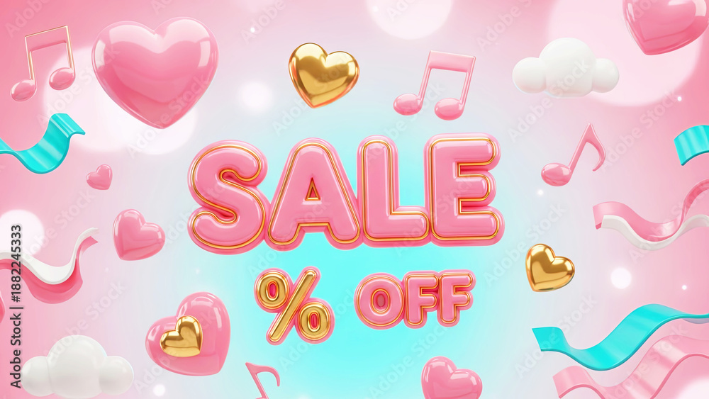 Fototapeta premium Pink 3D lettering sale and percent off sign surrounded by hearts and musical notes. Discount offer for Valentines day advertising.