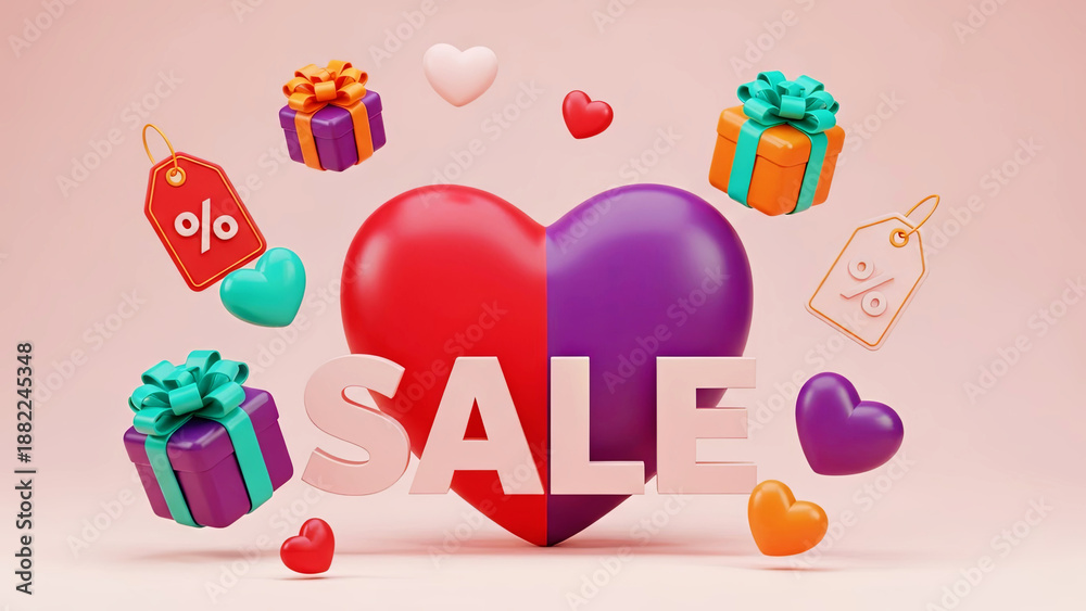 Obraz premium Red and purple divided heart with sale text and gift boxes. Valentine's Day special offer for romantic holiday with discount tag.