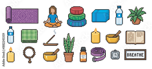 Pixel art icon set of yoga and meditation equipment including a mat, block, cushion, and candle for a wellness and mindfulness concept in a retro 8-bit video game style