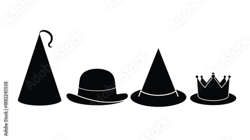 A collection of diverse headwear a wizard's hat bowler witch's hat and a small crown