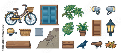 Pixel art collection of vintage street objects including a classic bicycle, blue window with shutters, plants, and an old-fashioned lantern for a retro game asset set