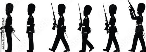 Royal guard ceremonial drill silhouette sequence showing marching soldiers with rifles in uniform, black and white minimalist vector illustration design
