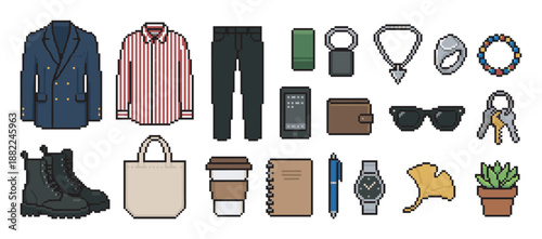 Pixel art set of men's fashion items including a blazer, shirt, boots, and personal accessories like a watch, wallet, and smartphone, creating a stylish everyday carry collection