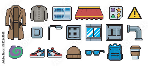 Diverse set of pixel art game icons featuring a trench coat, sweater, backpack, coffee cup, street lamp, and other urban life objects in a retro 8-bit style