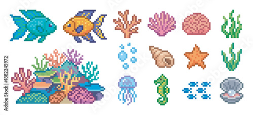 Colorful pixel art collection of ocean animals and plants including fish, coral, starfish, seahorse, and jellyfish, designed in a classic 8-bit retro video game aesthetic