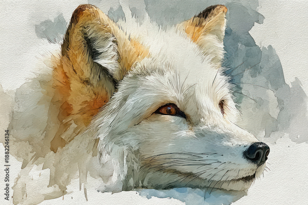 Fototapeta premium A watercolor illustration of a fox portrait, executed in a soft, painterly style with a distinct paper texture. 
