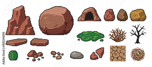 Pixel art video game asset set with desert nature elements like rocks, boulders, a cave, cactus, dead tree, and bush in a classic retro 8-bit style illustration
