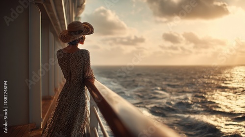Woman on cruise ship looking at the ocean during sunset
