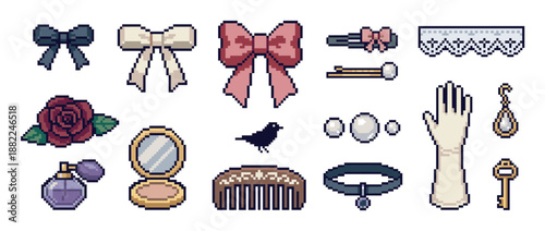 Collection of pixel art vintage accessories featuring elegant bows, a rose, jewelry, a glove, and perfume in a romantic, feminine, and slightly gothic aesthetic