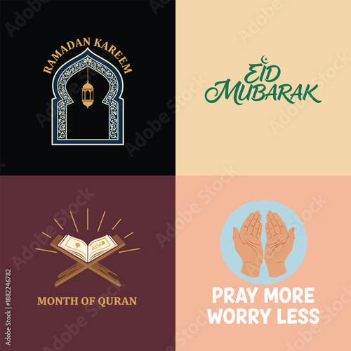 A collection of Islamic religious graphics featuring Ramadan Kareem, Eid Mubarak, the Quran, and praying hands, celebrating faith and devotion.