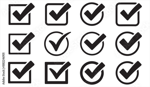 Black tick and checkbox icons collection isolated on white background