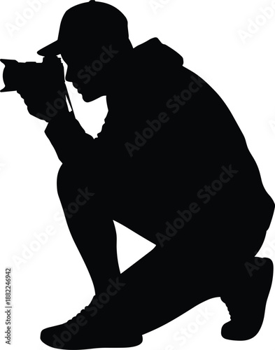 Silhouette of kneeling photographer holding camera capturing professional creative photography moment isolated on white background vector illustration for stock use