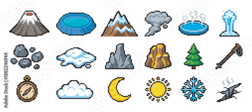 Pixel art icon set of nature and adventure elements for a video game, including a volcano, mountain, sun, moon, snowflake, compass, and pickaxe for a survival or RPG theme