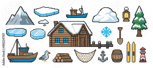 Pixel art collection of winter and arctic icons with a log cabin, fishing boat, mountain, icebergs, and a lighthouse for a retro 8-bit game