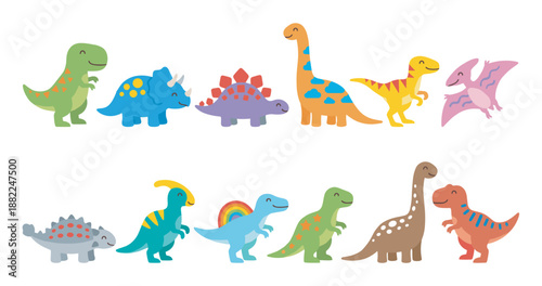 Collection of cute colorful cartoon dinosaurs in a simple flat vector style, featuring a friendly T-Rex, Triceratops, Stegosaurus, and Brachiosaurus for kids
