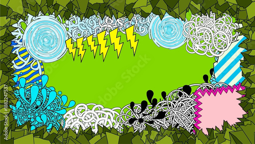 Vibrant illustration frame with abstract designs and patterns surrounding a central green space
