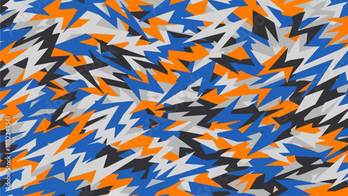 Abstract pattern of vibrant, dynamic shapes in blue, orange, and gray, creating a sense of movement and energy from a close-up viewpoint.
