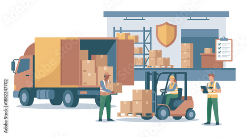 Warehouse workers loading a delivery truck with cardboard boxes at a distribution center, with a forklift moving pallets and a supervisor scanning inventory for shipment