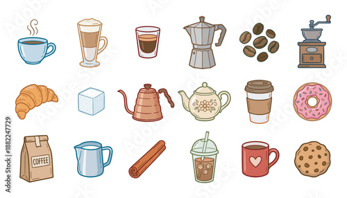 Collection of coffee and cafe icons featuring various drinks, brewing methods, and sweet treats in a cute, hand-drawn doodle style illustration set for breakfast or coffee break concepts