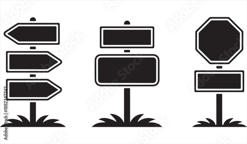 Directional road sign silhouettes set with arrows and blank panels, navigation and traffic guidance symbols in black vector style