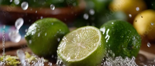 Drenched limes exude freshness as one is sliced in half.