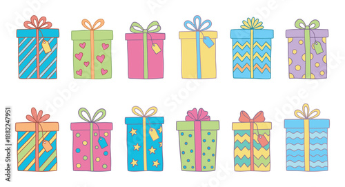 Charming set of twelve colorful gift boxes in a hand-drawn doodle style, featuring various patterns like stripes, hearts, and polka dots, all tied with festive ribbons and bows