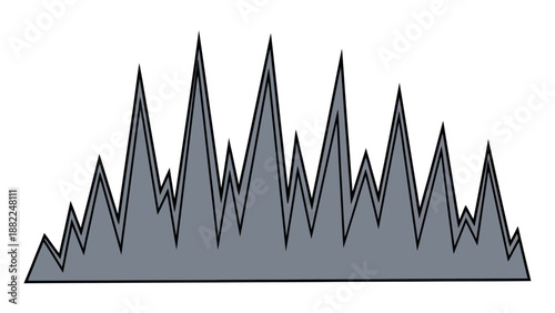 Mountain range illustration with jagged peaks and grey shading from a low viewpoint