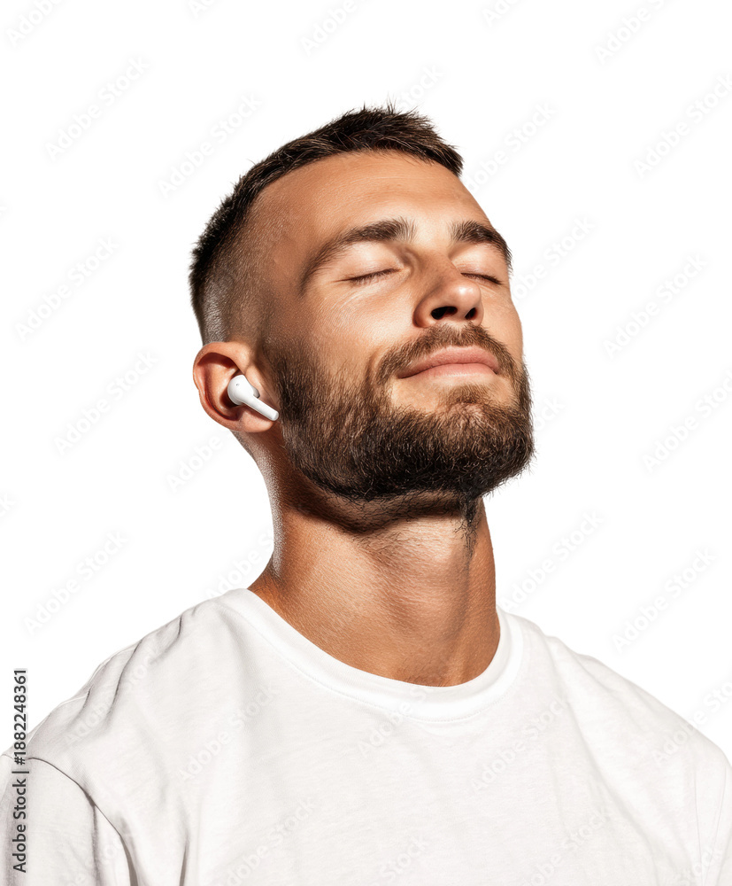 Fototapeta premium Relaxing moment with wireless earbuds portrait calm environment, isolated on transparent background, png