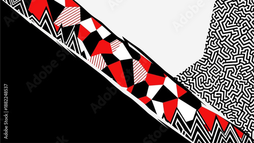 Geometric patterns and shapes in a modern abstract design with bold lines and vibrant colors from a close-up viewpoint