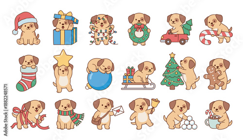 Cute cartoon puppy characters celebrating the Christmas holiday with festive activities like decorating a tree, opening gifts, playing with snowballs, and wearing a Santa hat