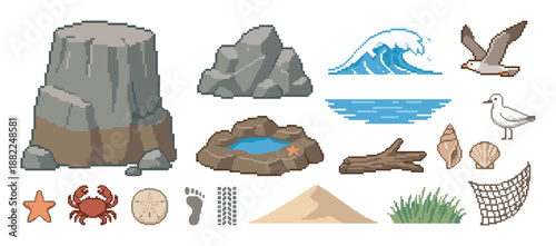 Collection of pixel art beach and seaside elements including rocks, waves, seagulls, crabs, and shells, designed as retro 8-bit video game assets