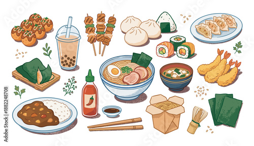 Collection of hand-drawn Asian food illustrations including ramen, sushi, dumplings, and bubble tea in a cute, colorful cartoon style for a culinary or cultural concept