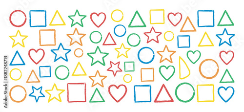 Colorful hand-drawn geometric shape outlines including circles, squares, triangles, stars, and hearts in a playful, childlike doodle style with a crayon texture