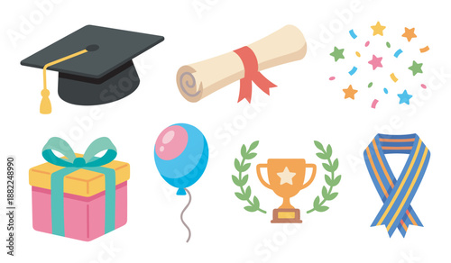 Colorful collection of graduation and celebration icons with a mortarboard cap, diploma, trophy, gift, balloon, and medal, designed in a simple flat cartoon vector style