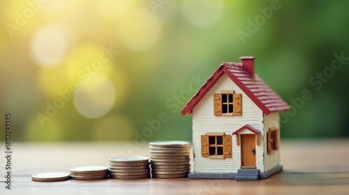 Home Loan and mortgage loan, Building Your Dream Home with Financial Planning and Real Estate Investment - A Guide to the Home Buying Process with Miniature tiny House and Coins money