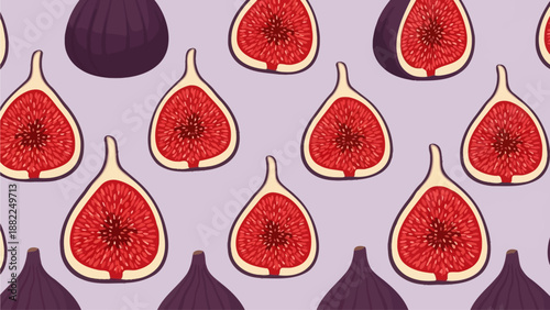 Freshly Cut Figs Displayed in a Pattern on a Purple Background, Showcasing their Vibrant Red Interiors and Green Skins from a Direct Overhead Viewpoint