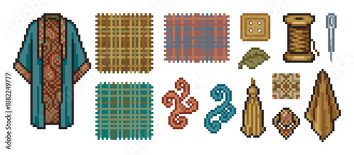 Pixel art sewing and tailoring asset set with a patterned robe, fabric swatches, thread, needle, and button for a retro video game crafting interface