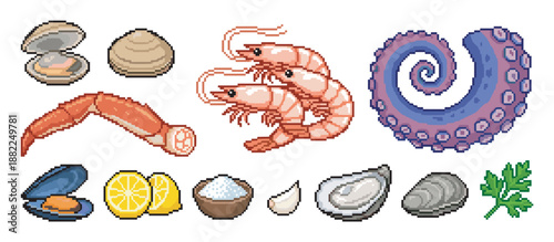 Set of pixel art seafood icons featuring shrimp, crab, octopus, clam, oyster, and mussel with lemon and garlic, created in a retro 8-bit video game style illustration