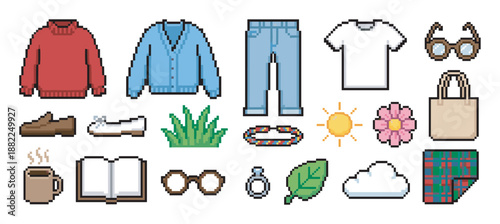 Set of pixel art icons representing cozy lifestyle and fashion items, including a sweater, jeans, book, glasses, and coffee mug in a colorful retro 8-bit video game style
